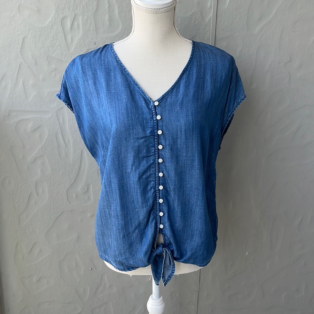 Talbots Button Up Tie Front Chambray Top Blue M Petite